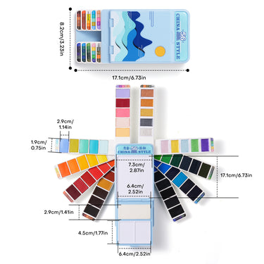 Product dimension chart showing the compact size of Fuumuui 56-color travel watercolor set china style.