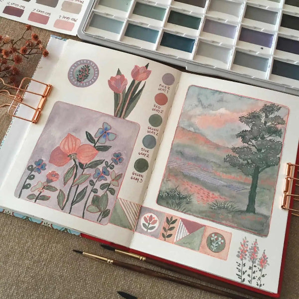 Open watercolor sketchbook with floral art on 100% cotton cold press paper. Includes two squirrel hair detail brushes and a large plastic palette with a pigmented watercolor paint set for professional artists.