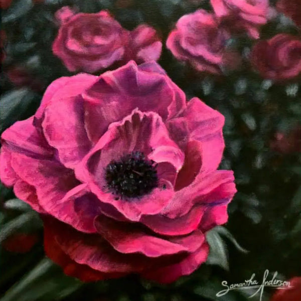 Vibrant pink rose floral painting on canvas created with professional oil paint and acrylic paint brushes, featuring rich pigments and blending techniques ideal for professional artists and beginners.