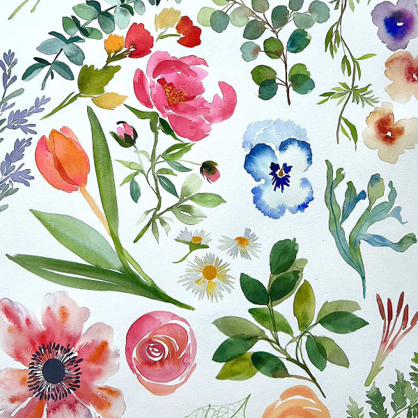 Vibrant floral illustrations of roses, pansies, and tulips painted with professional watercolor paint on 100% cotton cold press watercolor paper, showcasing high-pigment details for professional artists.