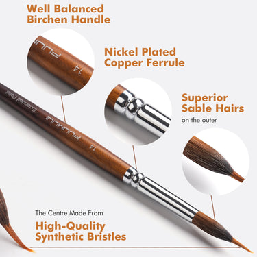 Pennello professionale per acquerello Fuumuui con manico in betulla ben bilanciato, ghiera nichelata, peli superiori di zibellino e setole sintetiche di alta qualit¨¤.