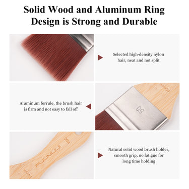 Fuumuui large flat art brush details with high-density nylon bristles, strong aluminum ferrule, and solid wood handle for watercolor, acrylic, and oil painting.