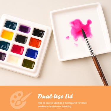 Tavolozza per acquerelli in ceramica Fuumuui con 12 vivaci scomparti per colori e il suo coperchio in porcellana a doppio uso che funge da vassoio per la miscelazione dei colori con un pennello, materiali artistici Fuumuui ideali per i viaggi e l'uso in studio degli artisti.