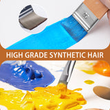 Fuumuui Hochwertiger synthetischer Nylon-Acryl-Künstlerpinsel malt blau auf Leinwand, mit einem Pinsel, der gelbe Farbe mischt, und einem auf der Palette sichtbaren Palettmesser.