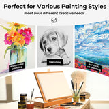 Fuumuui Table Sketch Box Easel with Storage Drawer & Palette holding a blank canvas, surrounded by art supplies, demonstrating versatility for watercolor, sketching, acrylic, and oil painting.