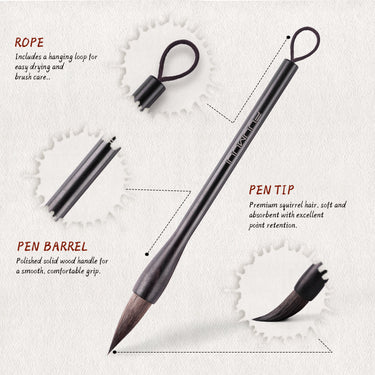 Pinceau Fuumuui en poils d'écureuil gris de Fuumuui Art Supplies, détaillant sa pointe souple en poils d'écureuil de qualité supérieure avec une forte rétention d'eau et une excellente rétention de la pointe, un manche lisse en bois massif poli et un cordon de suspension pratique pour un séchage facile.