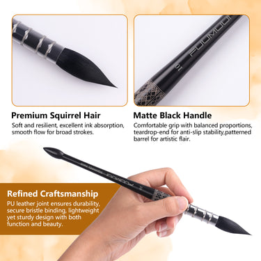 Pinceau aquarelle professionnel Fuumuui avec poils d'écureuil de qualité supérieure, manche noir mat avec un corps à motifs distinctifs et un joint en cuir PU raffiné, présentant les fournitures d'art Fuumuui.