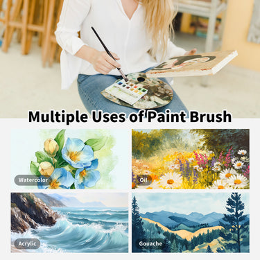 Fuumuui 5pcs Round Natural Badger Hair Brush Set shown in use by an artist, demonstrating its versatility for watercolor, oil, acrylic, and gouache painting mediums.