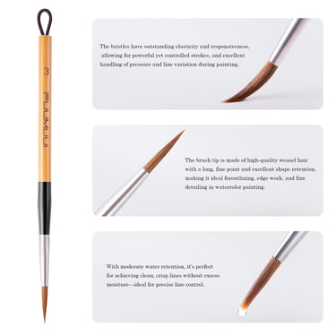 Fuumuui Wolfshaar-Kalligraphiepinsel aus einem 3-teiligen Set, der seinen natürlichen Bambusgriff, die Anti-Shedding-Messingzwinge und die flexiblen Borsten mit einer feinen Spitze für präzise Linienkontrolle und Detaillierung zeigt.