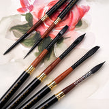 Fuumuui 6pcs high-grade pure squirrel hair travel watercolor brush set with various shapes including round, flat, and wash, featuring black and wood handles with gold ferrules, laid on watercolor paper.