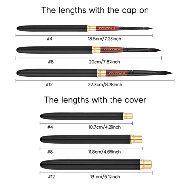 Set di 3 pennelli da viaggio professionali in pelo di scoiattolo Fuumuui che mostrano le lunghezze compatte ed estese per le misure #4, #8 e #12 con misurazioni.