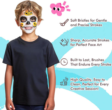 Fuumuui 7-teiliges Set Gesichts- und Acrylmalpinsel zum Erstellen einer komplizierten Totenkopf-Gesichtsbemalung auf einem Kind, wobei die weichen Borsten für sanfte, präzise, hochwertige und leicht zu reinigende Striche hervorgehoben werden, die sich perfekt für jede kreative Gesichtsgestaltung eignen.