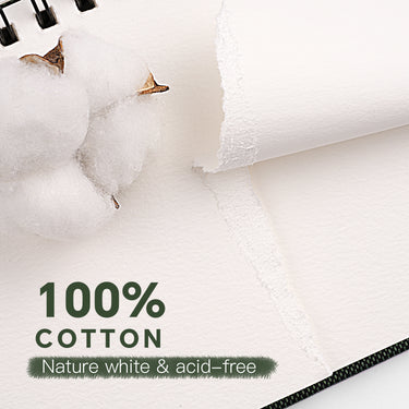 Fuumuui Watercolor Sketchbook showcasing 100% cotton, natural white, acid-free paper texture next to a cotton boll and spiral bound edge, perfect for artists.