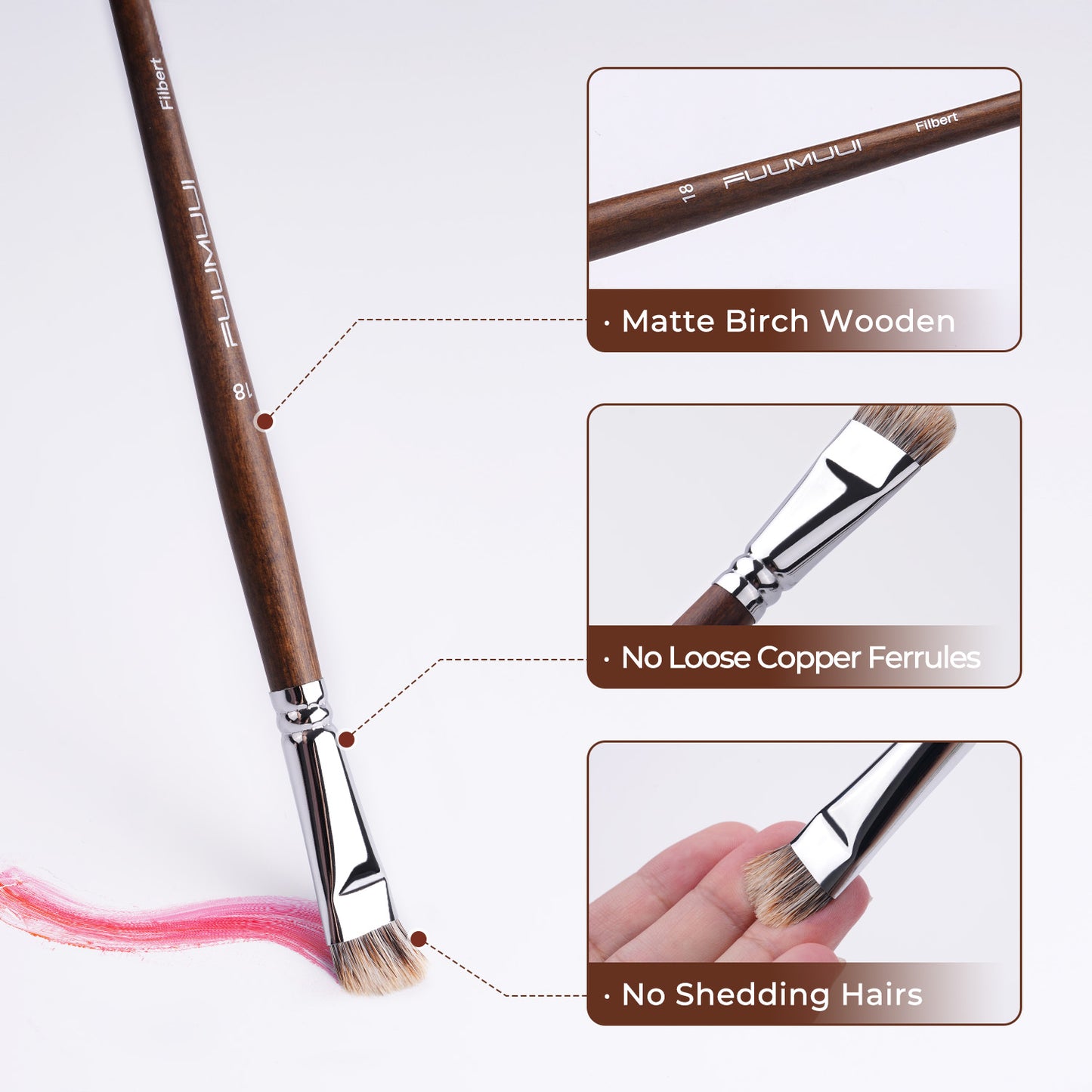 FUUMUUI 4pcs Badger Hair Filbert Brush Set | Brown Wooden Handle for Oil & Acrylic Painting