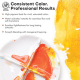 Fuumuui Travel Watercolor Set with 12 vivid, high-pigment watercolors on a palette, showing consistent color, smooth blending, and lightfast professional results. Certified ACMI AP Fuumuui Art Supplies.