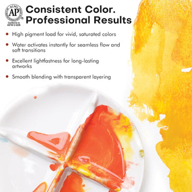 Fuumuui Travel Watercolor Set with 12 vivid, high-pigment watercolors on a palette, showing consistent color, smooth blending, and lightfast professional results. Certified ACMI AP Fuumuui Art Supplies.