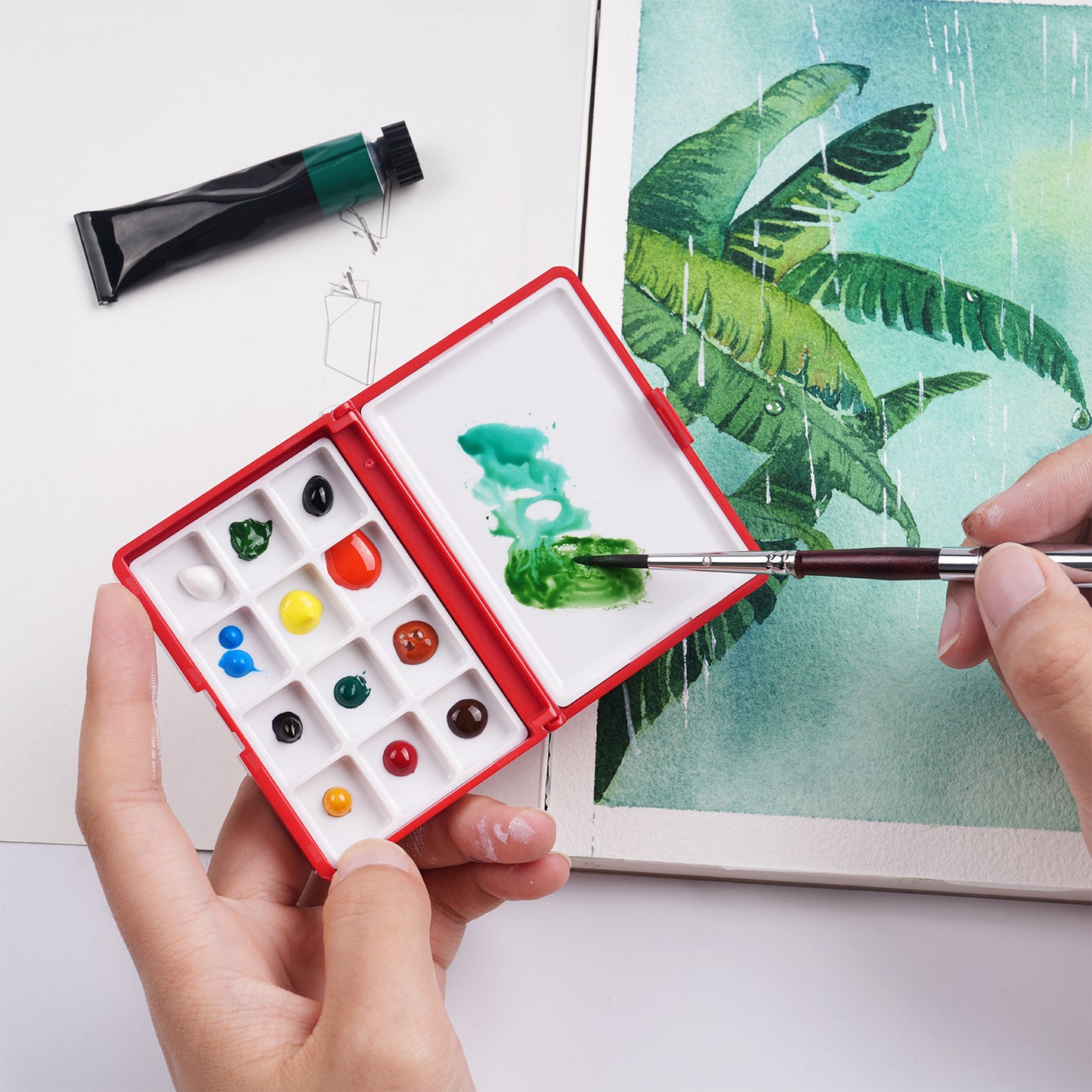 Watercolor Palette Box Portable 24 & 12 Holes Palette Box Mini Size Red Palette with Lid for Watercolor