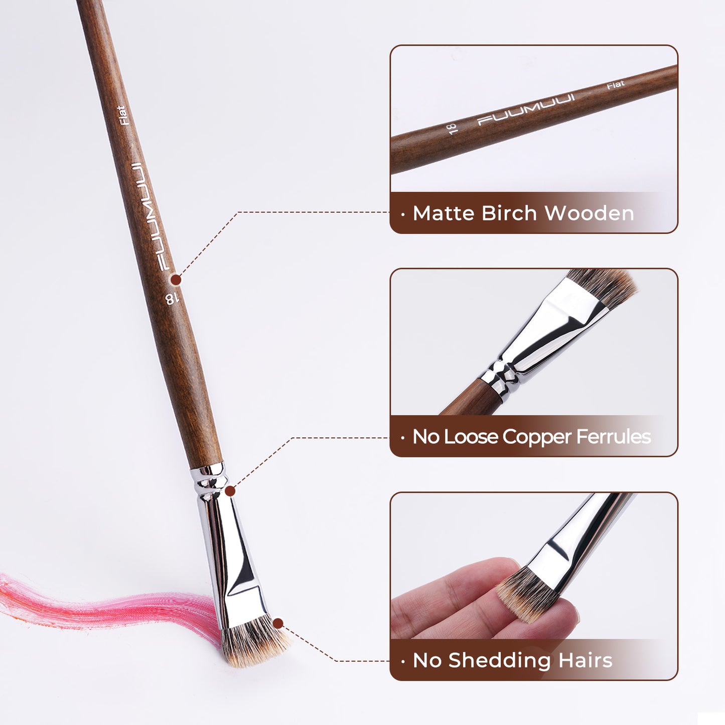 FUUMUUI 4pcs Badger Hair Flat Brush Set | Brown Wooden Handle for Acrylic & Oil Painting