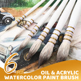 Fuumuui 6pcs Professional Watercolor, Oil & Acrylic Paint Brushes with white handles and natural hair bristles.