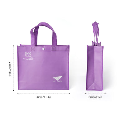 A purple reusable tote bag from FUUMUUI, featuring "Paint With Warmth" and its dimensions (25cm x 30cm x 10cm)