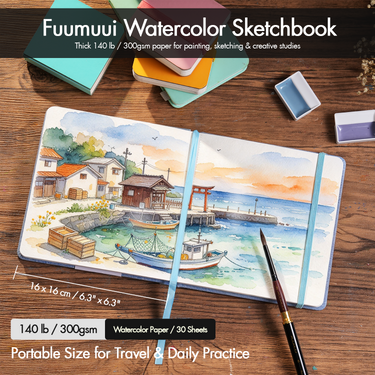 Open Fuumuui 6.3 inch square watercolor sketchbook showing 300gsm paper and a painted seaside town spread.