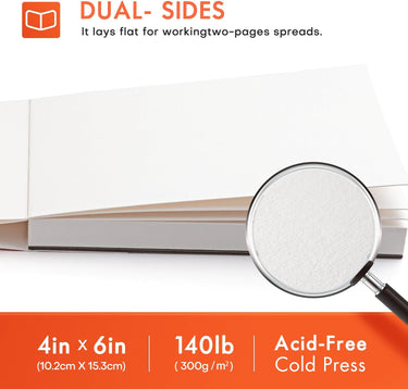 Fuumuui 4x6 100% Baumwolle Aquarellblock Journal, offen, um sein 140lb säurefreies Kaltpresspapier zu zeigen, das für die doppelseitige Verwendung und flache Doppelseiten konzipiert ist.