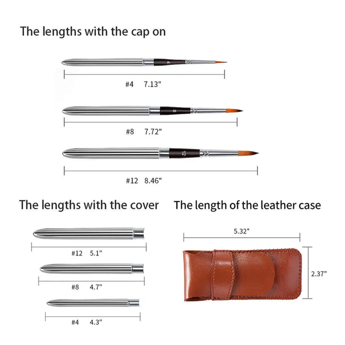 Fuumuui 3pcs Nylon Travel Watercolor Brushes dimensions, showing #4, #8, #12 brush lengths with caps on and off, along with the brown leather travel case measurements.