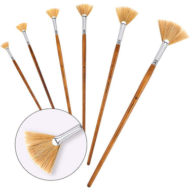 Fuumuui 6pcs professional natural bristle fan oil paint brushes set with wooden handles and silver ferrules.