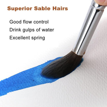 Fuumuui watercolor brush with superior sable hairs demonstrating excellent water retention, good flow control, and spring by painting a vibrant blue stroke on watercolor paper.