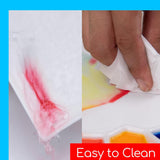 Fuumuui Ceramic Artist Paint Palette showing easy cleaning with red paint rinsing off and a hand wiping paint clean.