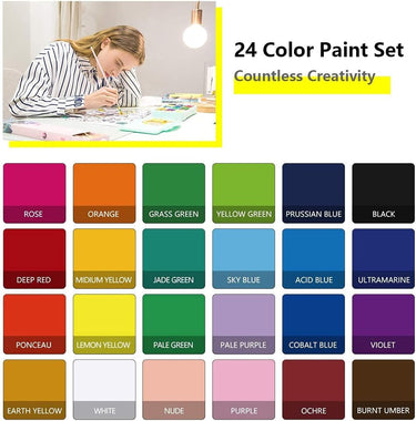 Fuumuui Gouache Paint Set, 24 vibrant 30ml colors with palette, featuring an artist painting and a swatch chart including Rose, Orange, Grass Green, Prussian Blue, Earth Yellow, and White, inspiring countless creativity.