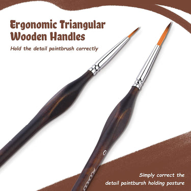 Pinceaux de peinture de détail en nylon professionnels Fuumuui avec manches en bois triangulaires ergonomiques pour une prise confortable et un contrôle précis.