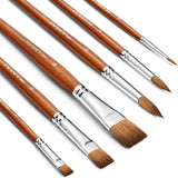 Fuumuui 6pcs Professional Watercolor Brushes, including round and flat shapes, with natural brown bristles and wooden handles.