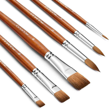 Fuumuui 6pcs Professional Watercolor Brushes, including round and flat shapes, with natural brown bristles and wooden handles.