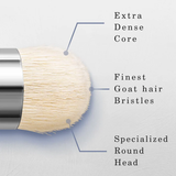 Caratteristiche della testina del pennello asciutto Fuumuui: nucleo extra denso, setole di peli di capra finissimi e design specializzato della testina rotonda.