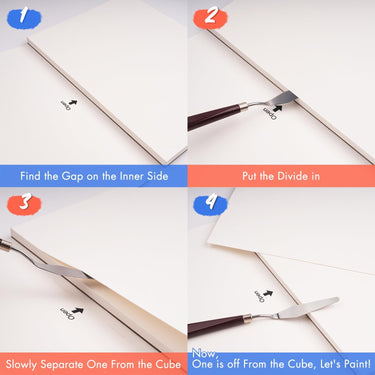 Fuumuui 100% Baumwolle Aquarellblock Schritt-für-Schritt-Anleitung, die demonstriert, wie man einzelne Aquarellpapierblätter einfach mit einem Palettenmesser zum Malen mit Fuumuui-Kunstbedarf trennt.