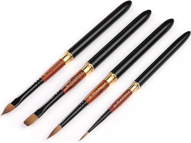 Fuumuui Travel Kit art supplies featuring four professional black-handled watercolor paint brushes: size 8 angular, size 6 flat, size 8 round, and size 2 detail round brushes with gold ferrules.