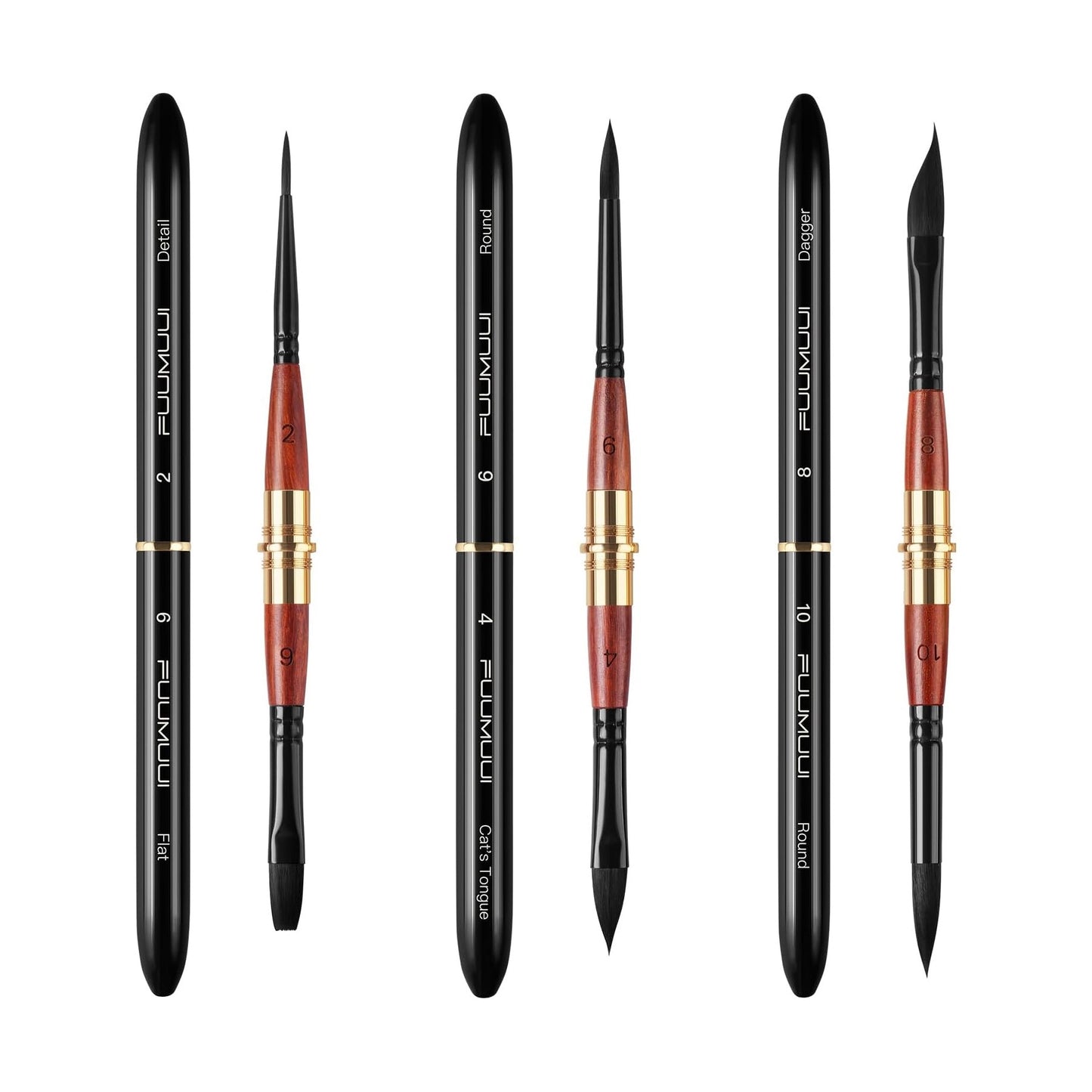 3pcs Dual-Tip Travel Watercolor Brushes — 6 Tip Styles, Premium Synthetic Squirrel Hair