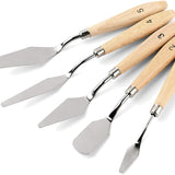 Fuumuui Art Supplies 5-piece stainless steel palette knives with wood handles for oil, acrylic painting and color mixing.