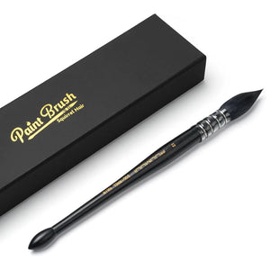 A Fuumuui #12 squirrel hair watercolor brush lying next to its premium black gift box.
