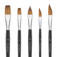 professional sable watercolor brushes, with different flat, pointed, and angled tips.