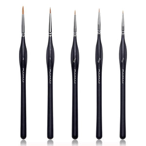 Five-piece set of professional sable hair paint brushes, showcasing the different sizes for miniature painting and fine detail work.