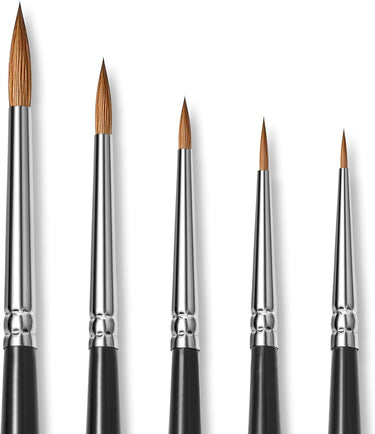 Fuumuui 5er-Set professioneller Kolinsky-Nerzhaar-Detailpinsel mit spitz zulaufenden Spitzen, silbernen Zwingen und schwarzen Griffen.