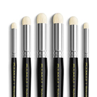 Set of six domed dry brushes for model painting, with black handles and shiny ferrules, perfect for miniature painting.