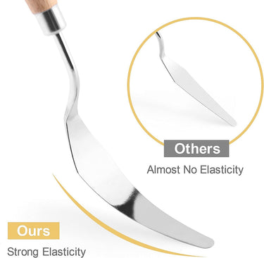 Fuumuui Art Supplies stainless steel palette knife with a wood handle demonstrating strong elasticity for oil, canvas, and acrylic paint mixing, compared to a rigid competitor's paint spatula.