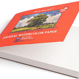 Fuumuui 100% Baumwolle Aquarellblock Journal 4x6 mit kalt gepresstem, strukturiertem Oberflächenpapier und rotem Einband mit einem Landschaftsgemälde.