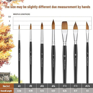Fuumuui 7tlg. professionelles Aquarellpinselset, das verschiedene Pinselformen und -größen mit einer detaillierten Tabelle zeigt, die die Borstenlänge und die Gesamtlängenmaße angibt.