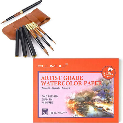 Fuumuui 3pcs Sable Travel Watercolor Brushes with 20 Sheets 5.8" x 8.3" Watercolor Paper Pad