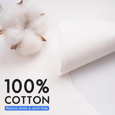 Papier bloc d'aquarelle 100% coton Fuumuui, blanc naturel et sans acide, présenté avec des balles de coton brut pour des fournitures d'art de qualité.