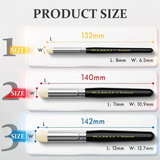 Tabella delle dimensioni del prodotto del set di 6 pennelli asciutti Fuumuui che mostra le lunghezze complessive (132 mm, 140 mm, 142 mm) e le dimensioni dettagliate della testina del pennello (lunghezza e larghezza).